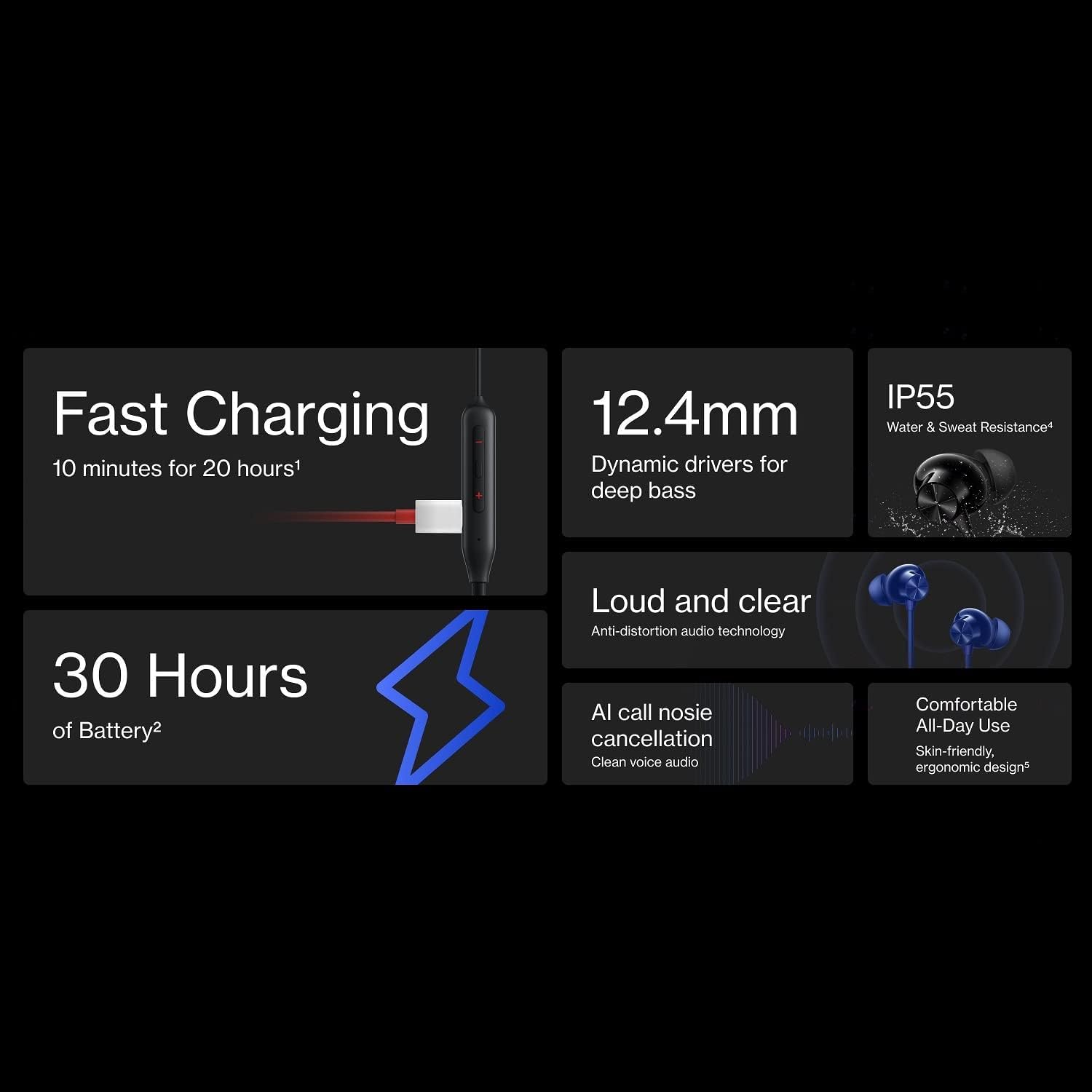 One__Plus Bullets Wireless Z2 ANC Bluetooth in Ear Earphones with Mic, 45dB Hybrid ANC, Bombastic Bass - 12.4 mm Drivers, 10 Mins Charge - 20 Hrs Music, 28 Hrs Battery (Booming Black)