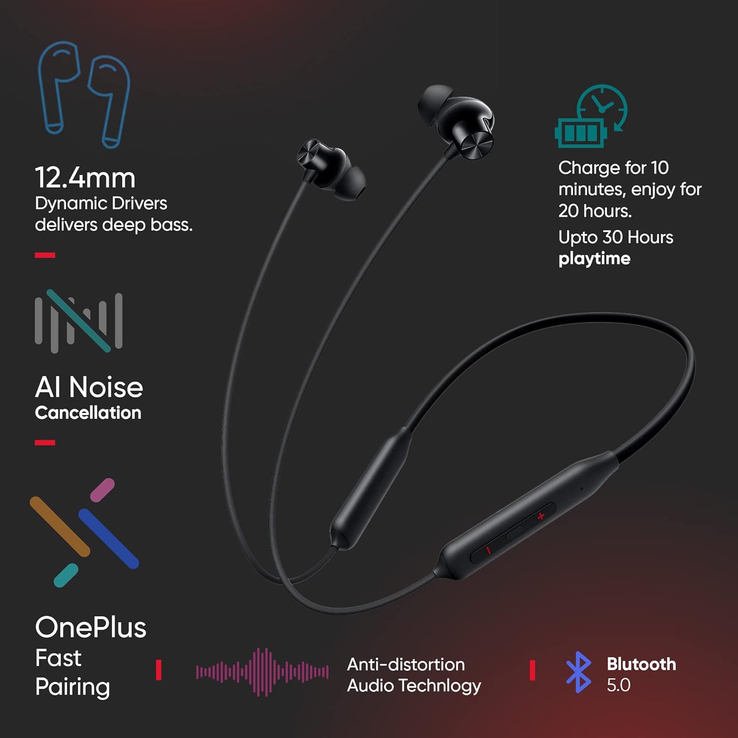 One__Plus Bullets Wireless Z2 ANC Bluetooth in Ear Earphones with Mic, 45dB Hybrid ANC, Bombastic Bass - 12.4 mm Drivers, 10 Mins Charge - 20 Hrs Music, 28 Hrs Battery (Booming Black)